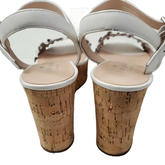 Kate Spade Tomas Wedges Sandals 8.5 White Cork Platform‎ Heel Leather Open-Toe - Picture 9 of 12